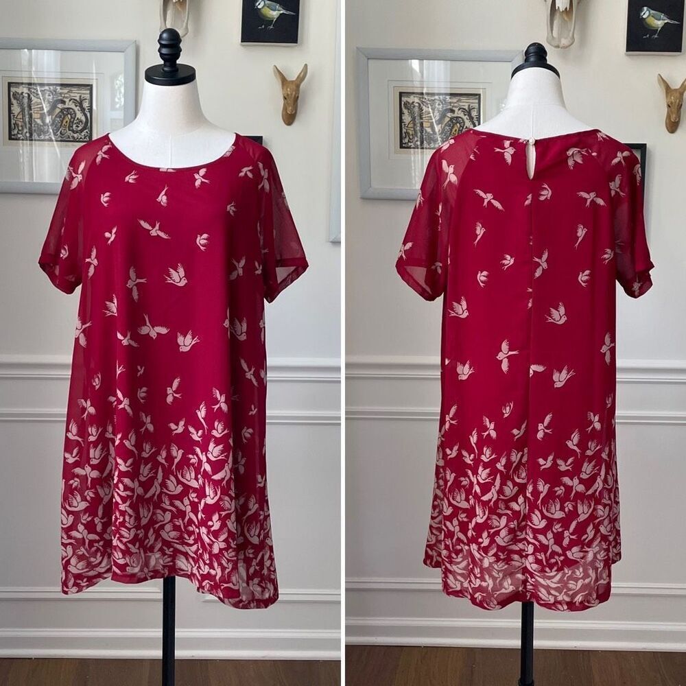 Rising International Red Shift Dress Chiffon Bird Print XL